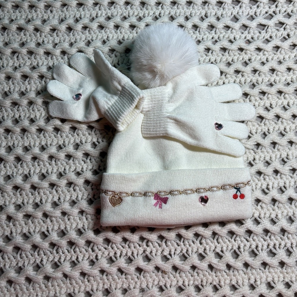 Girls  Beanie Soft White Hat and Gloves Set with Pom Pom Embroidery And Crystal
